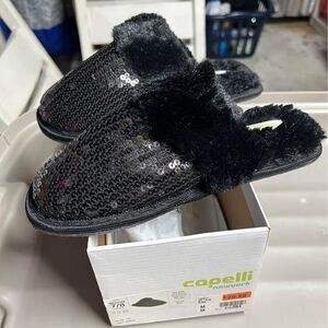 Capelli New York Women's Black Sequin Faux Fur Slippers Size Medium 7/8 NEW